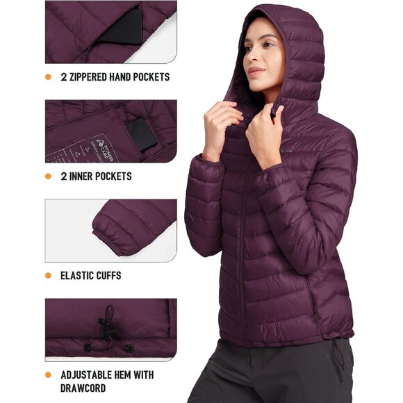 Women's Maroon Banner Puffer Jacket Winter Repellent Quilted Coat With Hoodvvvvv - Picture 4 of 6
